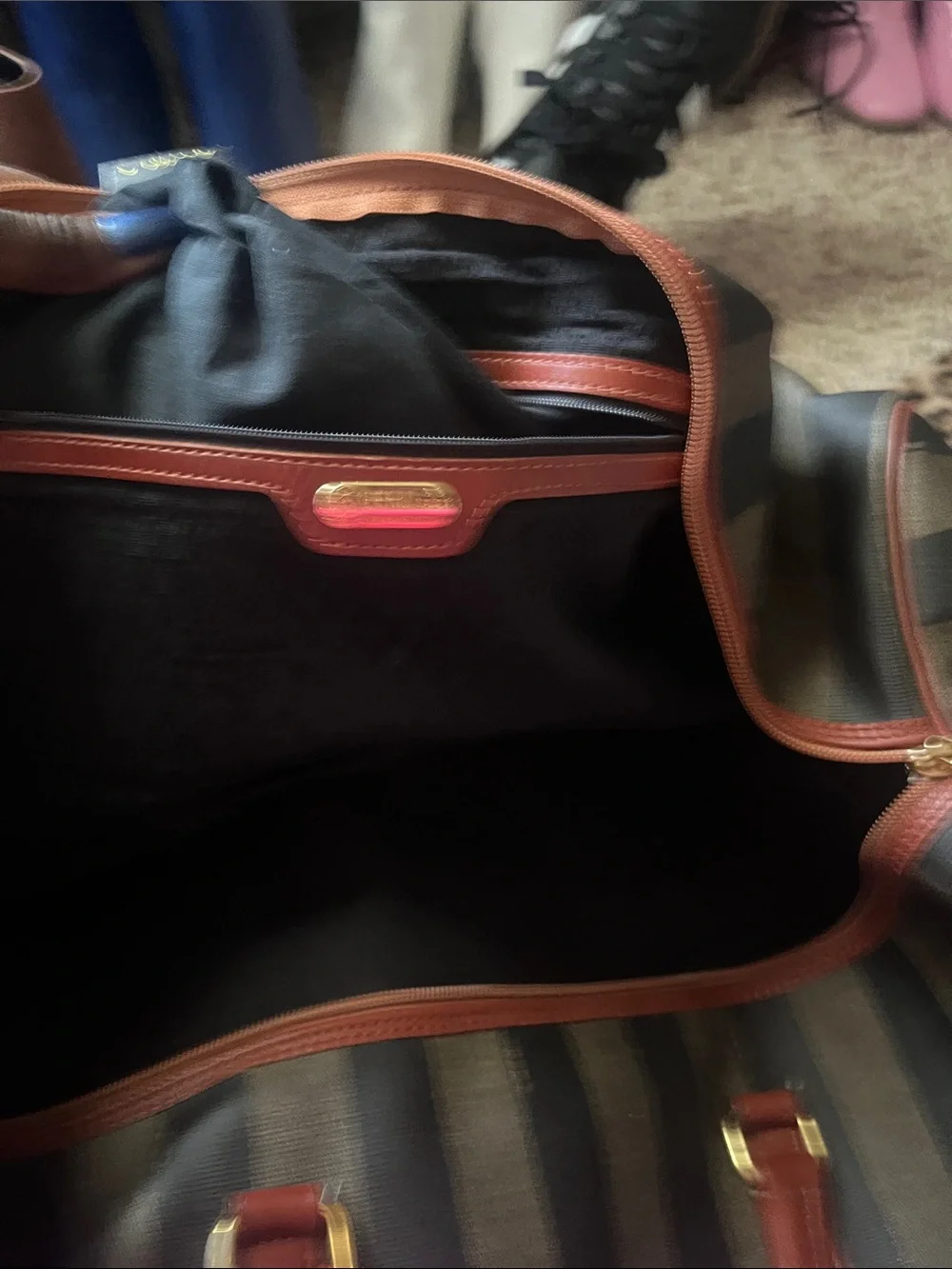 Fendi Olive and Black Striped Hobo with Brown Leather Trim